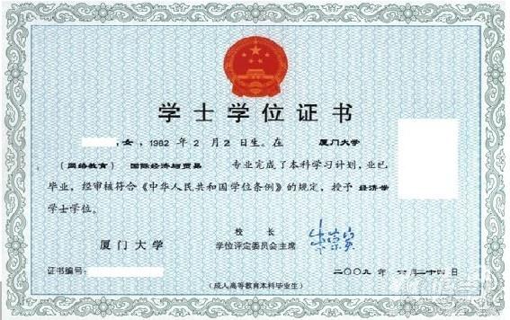 厦门大学网络教育学士学位证书样本