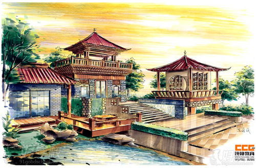 欧式别墅建筑马克笔手绘图片_欧式效果图 欧式别墅建筑马克笔手绘图片